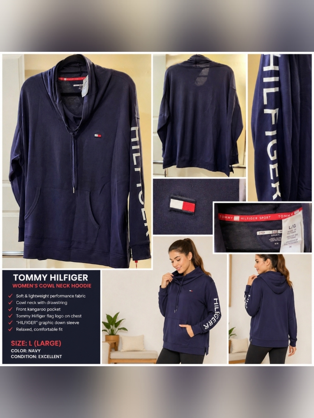 Tommy Hilfiger Sport Women’s Hoodie NWT Navy Blue Cowl Neck Logo Sleeve Pullover